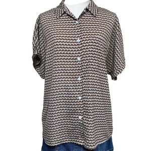 SHEIN Geometric Print Shirt Womens Large Brown White Short Sleeve Button Up Top
